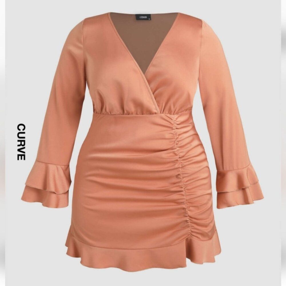 NEW Cider SatinโV-neck Ruched Bell Sleeveโ Mini Dress 0XL NWT